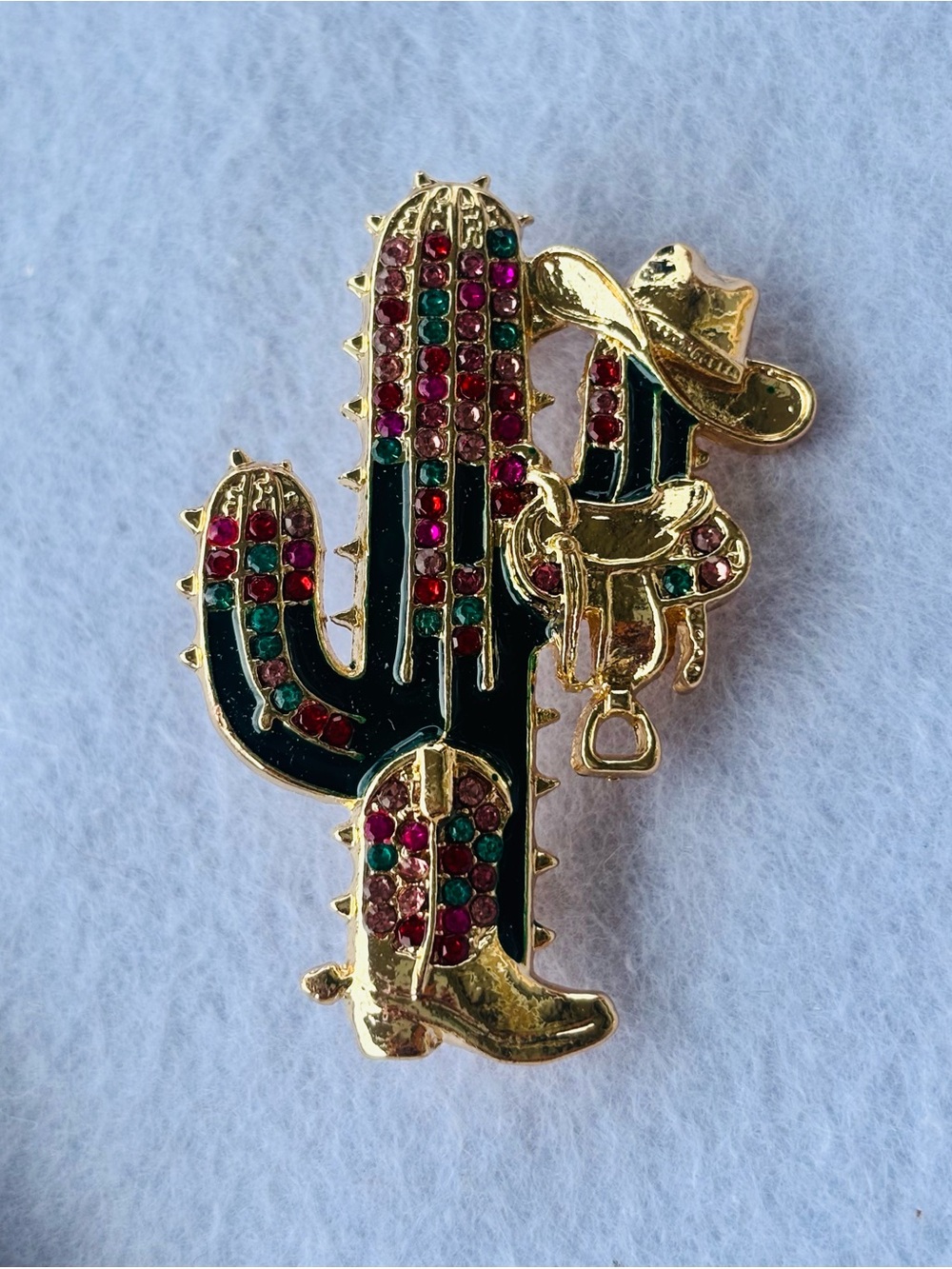 Western Cactus Cowboy Hat Boot Saddle Brooch Multicolor Rhinestones Gold Tone